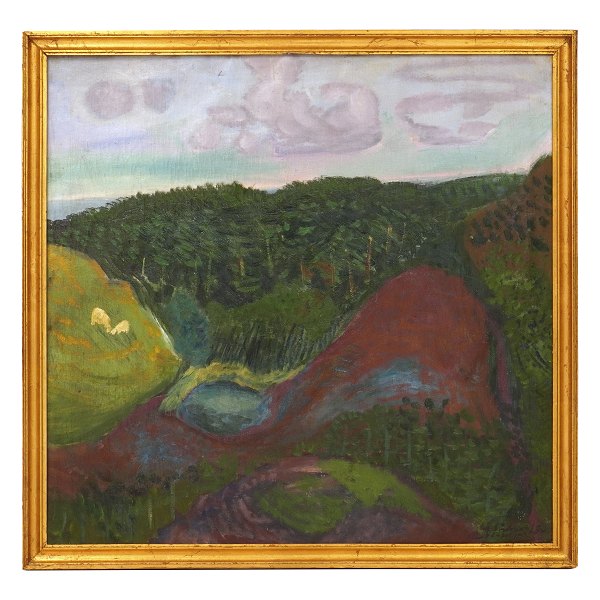 Jens Søndergaard maleri. Jens Søndergaard, 1895-1957, olie på lærred. Landskab 
dateret og signeret 1936. Lysmål: 66x69cm. Med ramme: 73x76cm