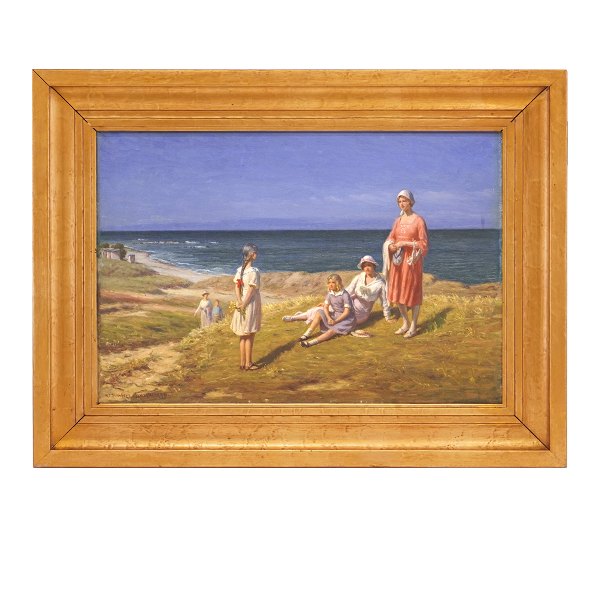 N. F. Schiøttz-Jensen, 1855-1941, olie på lærred. Parti fra Lønstrup Strand med 
badehuse i baggrunden. Signeret og dateret 1920. Lysmål: 37x55cm. Med ramme: 
54x72cm