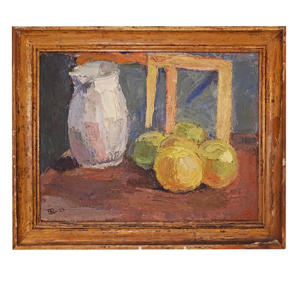 Henry Nielsen, 1907-1937, Öl auf Platte. Stilleben. Signiert und datiert 1927. 
Lichtmasse: 38x49cm. Mit Rahmen: 49x60cm
