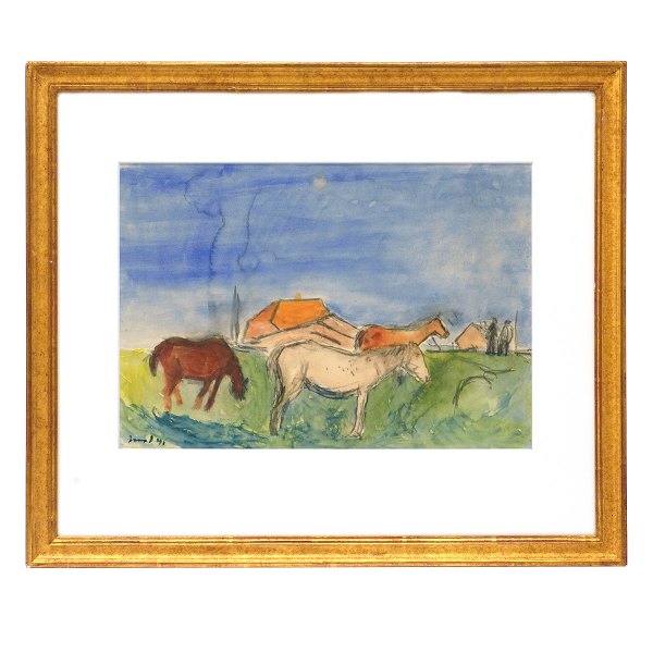 Jens Søndergaard, 1895-1957, Aquarell mit Motiv in Form von Pferden, Häusern und 
Menschen. Signiert und datiert 1941. Lichtmasse: 25,5x36,5cm. Mit Rahmen: 
45x53cm