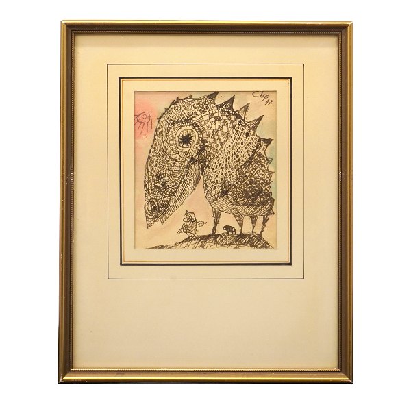 Carl-Henning Pedersen, 1913-2007, mixed media, Wasserfarbe und Tinte. Signiert 
und datiert 1947. Lichtmasse: 16x14cm. Mit Rahmen: 33x26cm