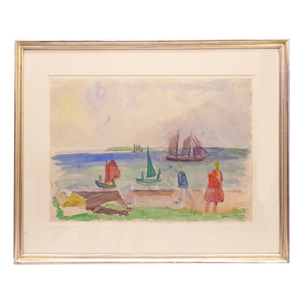 Jens Søndergaard, 1895-1957, Aquarell mit Fördepartie. Signiert und datiert 
1945. Lichtmasse: 44x62cm. Mit Rahmen: 68x84cm