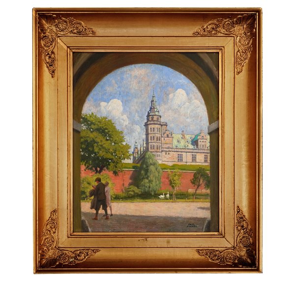 Paul Fischer, 1860-1934, Öl auf Platte. Partie vom Schloss Rosenburg, 
Kopenhagen. Signiert Paul Fischer. Lichtmasse: 38x31cm. Mit Rahmen: 55x48cm