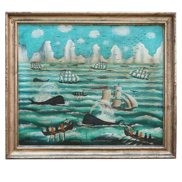 Partie mit Walfängern vor der Küste Grünlands. Öl auf Leinen. Signiert und 
datiert "Landenne 55" (1855). Lichtmasse: 61x72cm. Mit Rahmen: 72x83cm