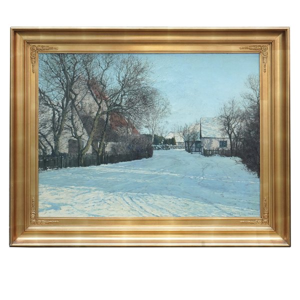 Ole Ring, 1902-72, oil on canvas. View from a village in Sjælland. Signed Ole Ring 1963. Visible size: 28x42cm. With frame: 43x57cm