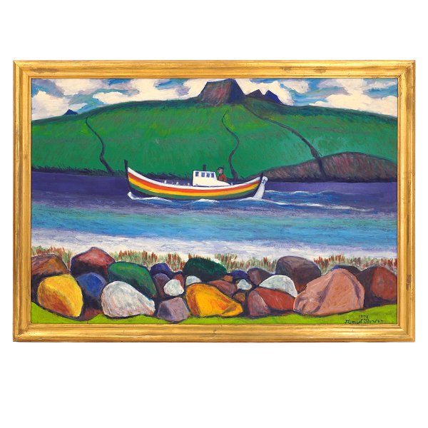 Frimod Joensen, 1915-97, Öl auf Platte. Landschaft Färöer-inseln. Signiert und datiert 1978. Lichtmasse: 80x119cm. Mit Rahmen: 92x131cm
