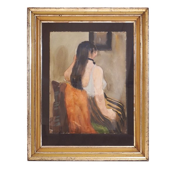 Carl Fischer, 1887-1962, AquarellMotiv in Form einer sitzenden Frau. Signiert und datiert 1947. Bildmaße: 52x39cm. Mit Rahmen: 77x61cm